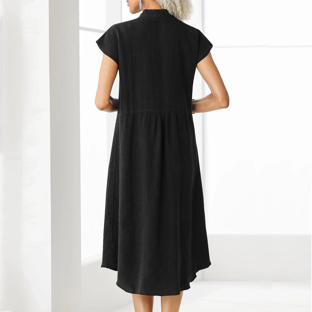 Cardigan Stand Collar Single-breasted Cotton And Linen Pocket Dress