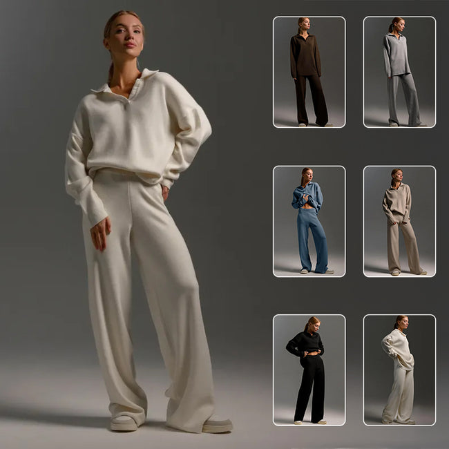 Women's Sweatshirt Suit Casual Collared Long-Sleeved Pullover Top And Loose Straight-Leg Pants Fashion Sport Trousers Set Hover Image