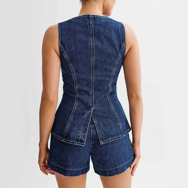 Fashion Denim Suit Summer Casual Sleeveless Button Vest Top And High Waist Shorts Set For Womens Clothing Main Image