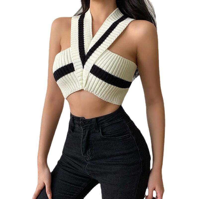 V-neck Knitted Vest Striped Halter Midriff-baring Top Women