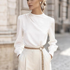 Simple Commuting Temperament Pleated High-neck Lantern Sleeve Blouse For Women