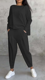 Women's Irregular Suit Long-sleeved Round Neck Top And Loose Harem Pants With Pockets Ins Fashion Trousers Set Women's Clothing