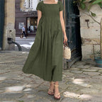 Cotton And Linen Dress Large Swing Short Sleeve Square Collar Elegant