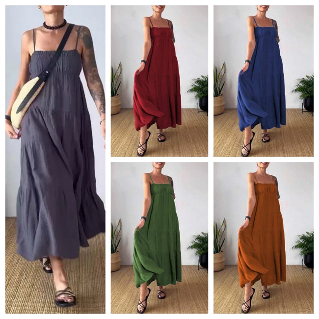 Women's Solid Color Casual Chest Wrap Pleated Suspender Dress Main Image