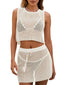 Fisoew Womens 2 Piece Crochet Sets Sleeveless Crop Tops Cover Up Beach Mini Skirt Outfits Vacation Sets