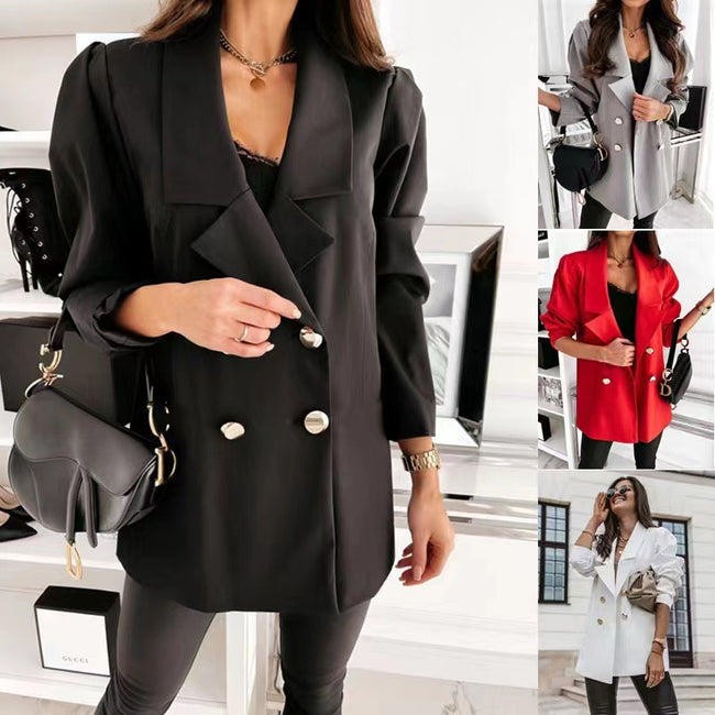 Double Breasted Blazer Fashion Casual Lapel Jacket Commuting Office Suit Jacket For Women Button Tops Hover Image