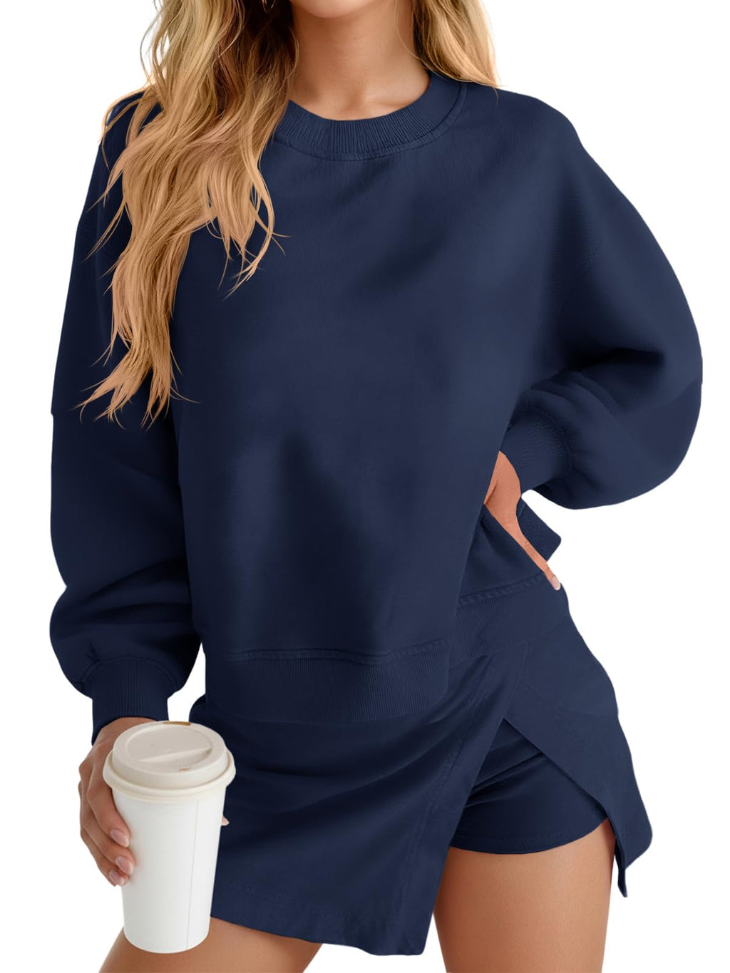 Fisoew 2 Piece Sets For Women Cotton Workout Sets Sweatshirt Top High Waisted Lined Split Athletic Skirt Set