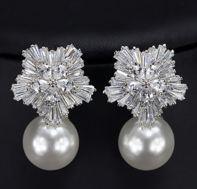 Pearl Earrings for Women with Luxury Fireworks Shaped Cubic Zirconia Woman Jewelry Birthday Gift Hover Image
