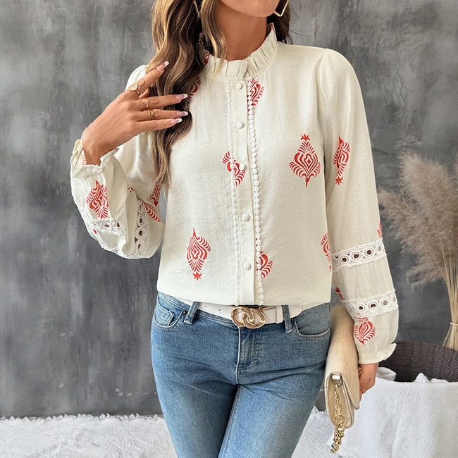 Stand Collar Ethnic Print Shirt For Women Main Image