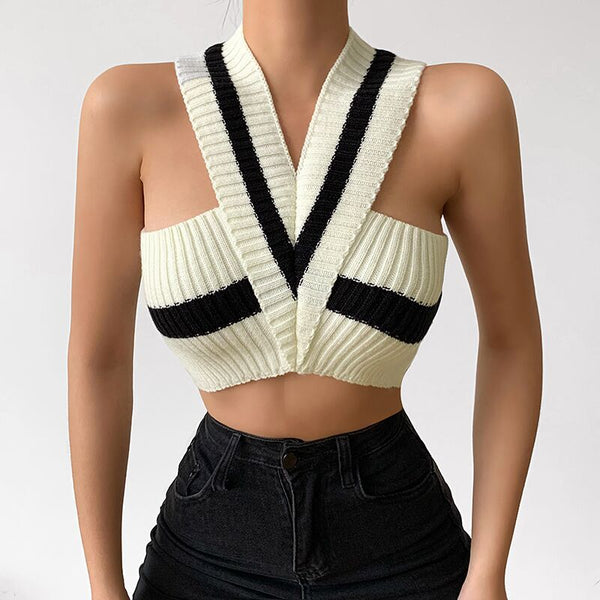 V-neck Knitted Vest Striped Halter Midriff-baring Top Women