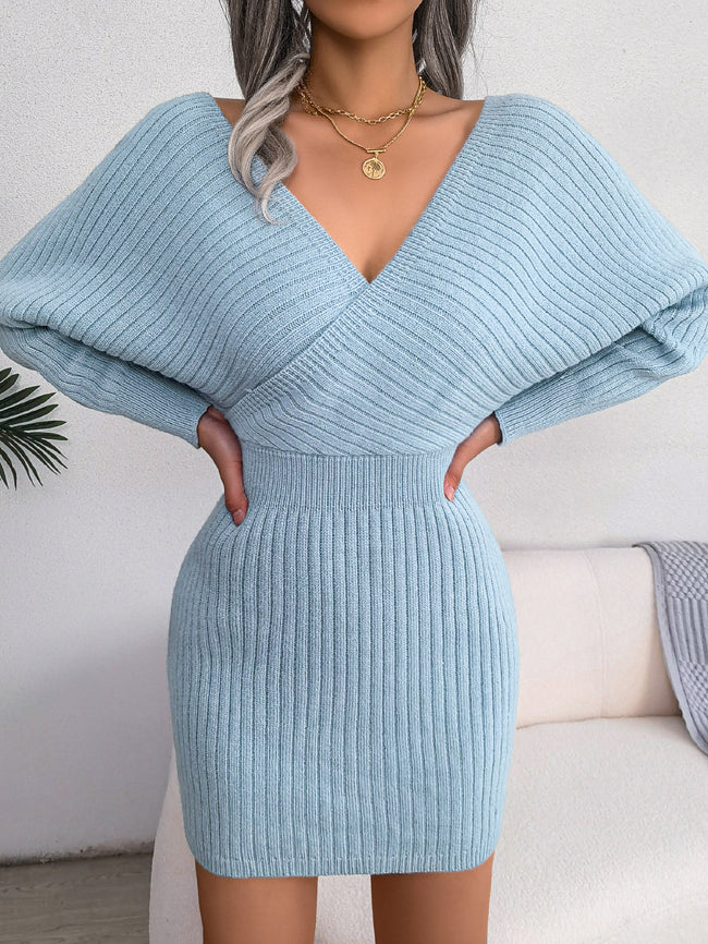 Cross V-Neck Batwing Sleeve Bodycon Sweater Dress Hover Image