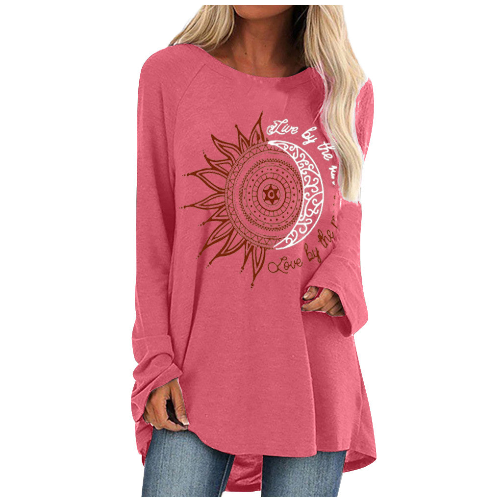 Loose round neck sun flower letter print long sleeve T-shirt
