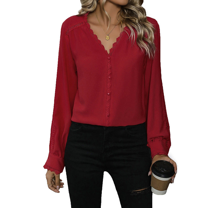 Versatile Long-sleeve Red Shirt For Women