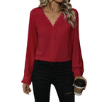 Versatile Long-sleeve Red Shirt For Women
