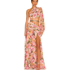 Fashion One-shoulder Bubble Long Sleeve Slim-fit Floral Hollow Split Dress
