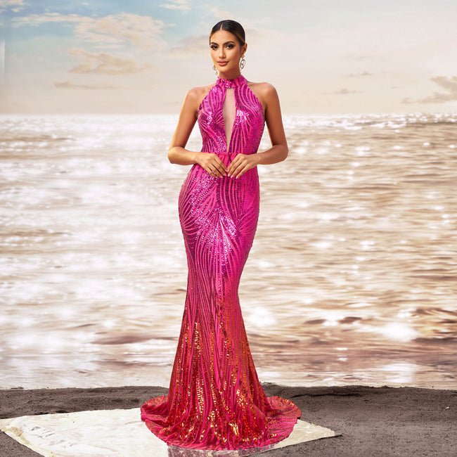 Round Neck Off-the-shoulder Slim-fit Sheath Sequined Banquet Fishtail Evening Dress Hover Image