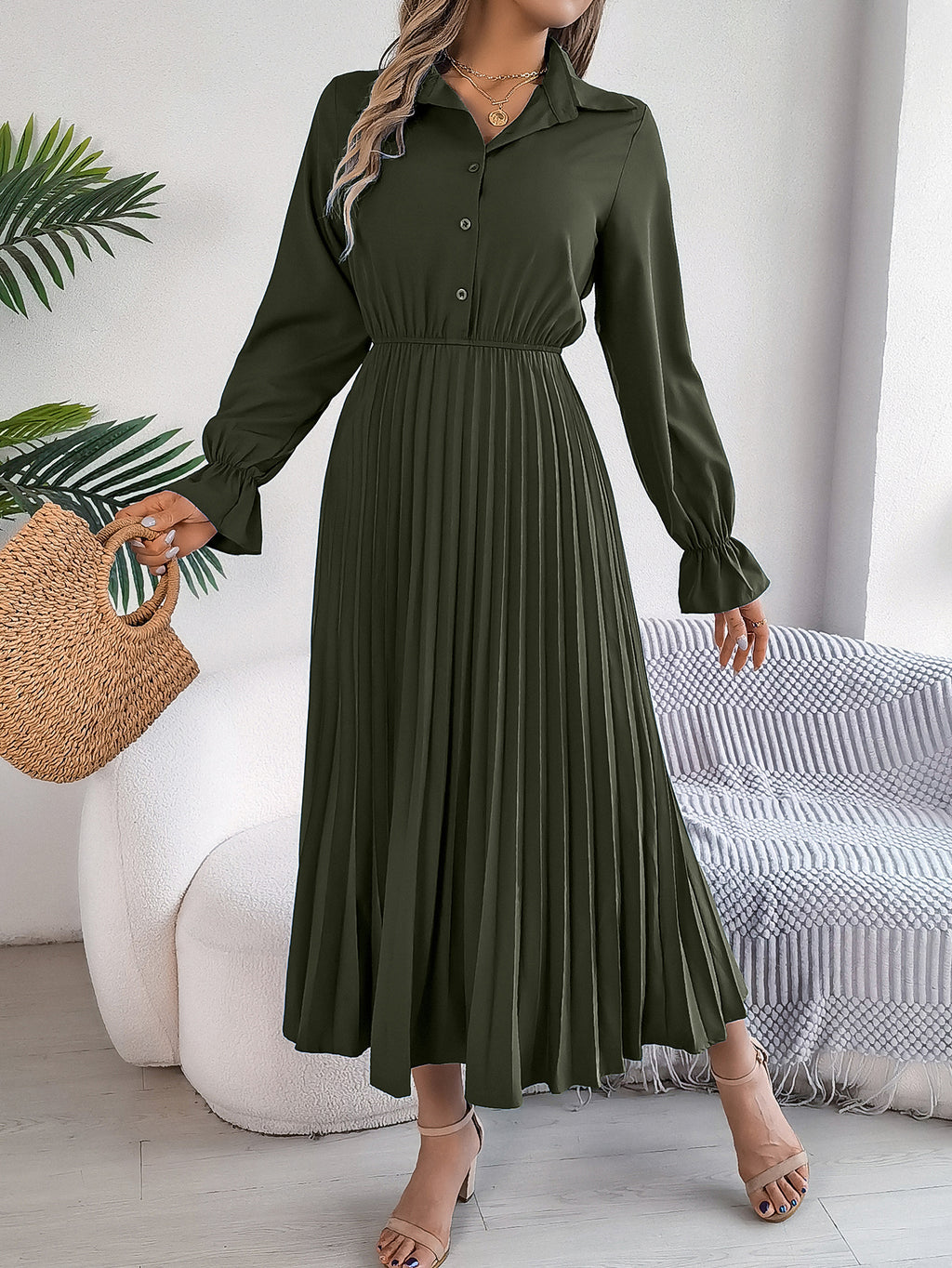 Women's Casual Lapel Button Long Sleeve Tie Waist Pleated Maxi Dress