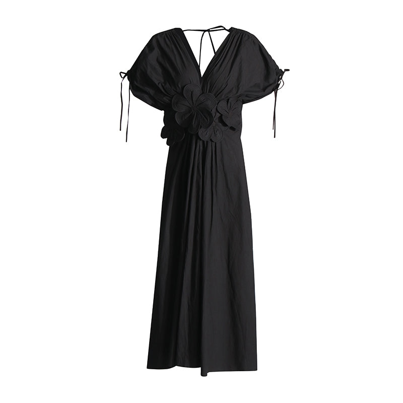 V-neck Lace-up Pleating Design Flower Stitching High Waist Dress