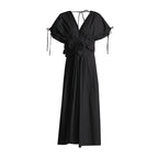 V-neck Lace-up Pleating Design Flower Stitching High Waist Dress