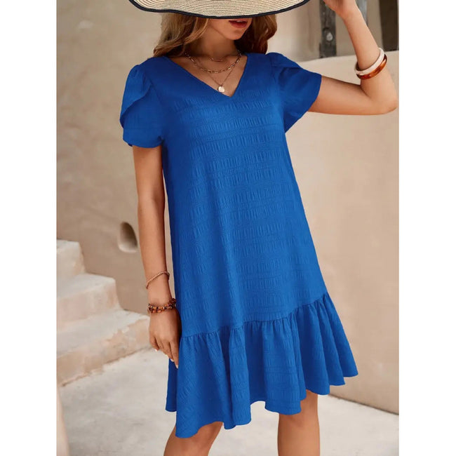 V-neck Solid Color Loose Casual Short Sleeve Dress Main Image