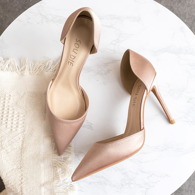 Real silk satin hollow pointed stiletto heels Main Image