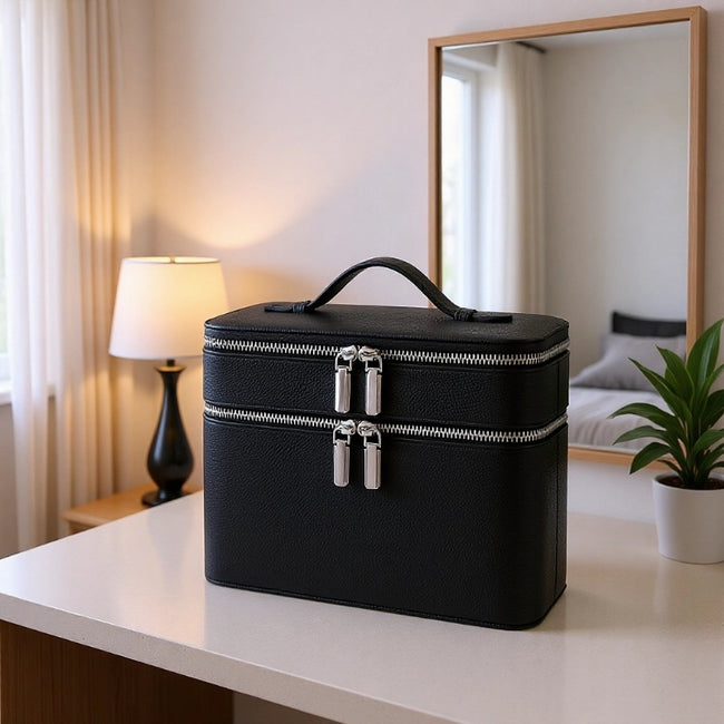 New Double-layer Large-capacity PU Portable Makeup Bag Hover Image