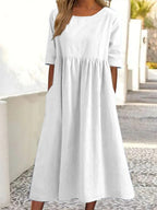 Women's Fashion Casual Cotton Linen Short Sleeve Pocket Dress