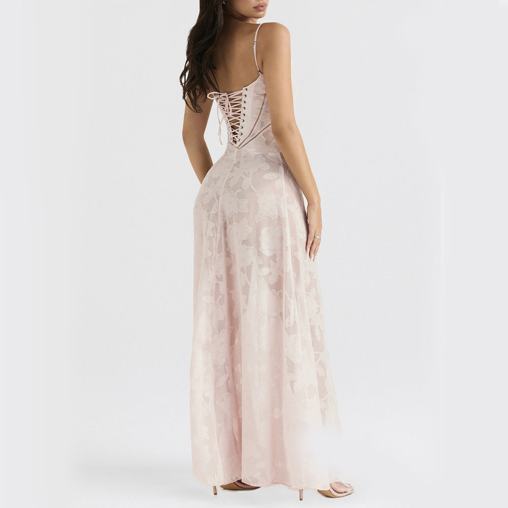 Robe Bretelles en Dentelle Florale Sexy, Mode Été, Robes Longues Slim à Lacets au Dos, Tenue de Soirée Club pour Femme