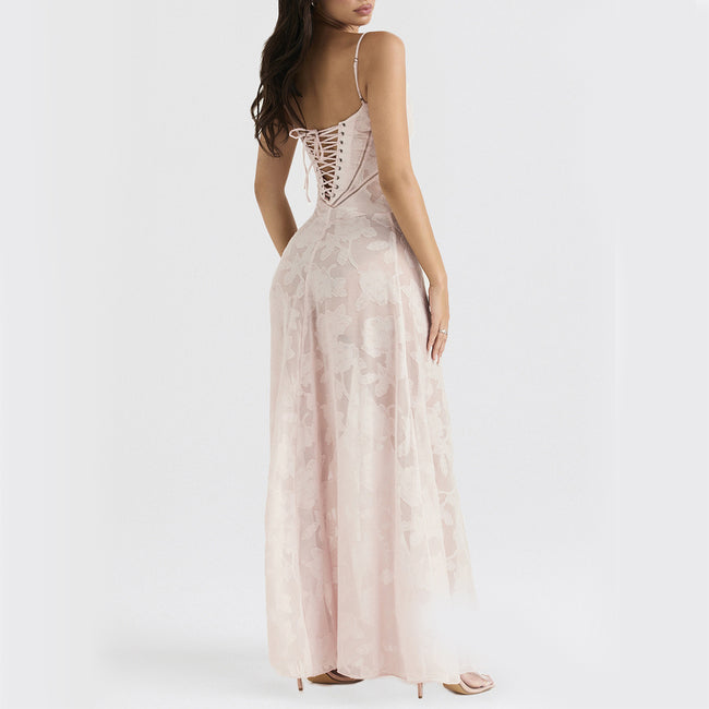 Sexy Flowers Lace Suspender Dress Summer Fashion Slim Back Lace-up Long Dresses Party Evening Club Clothing For Women Main Image