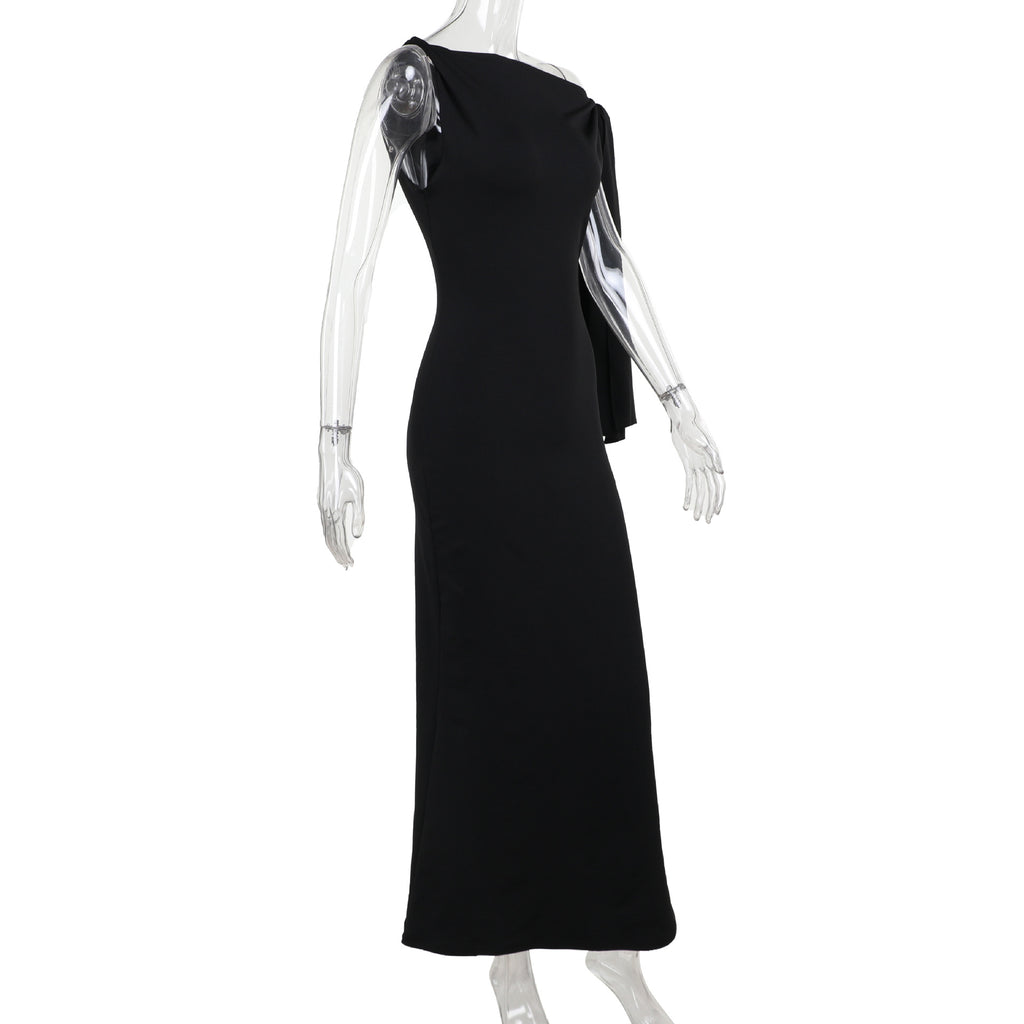 One-shoulder Ribbon Long Dress Ins Fashion Slim Sleeveless Dresses For Evening Party Club Clothing Women