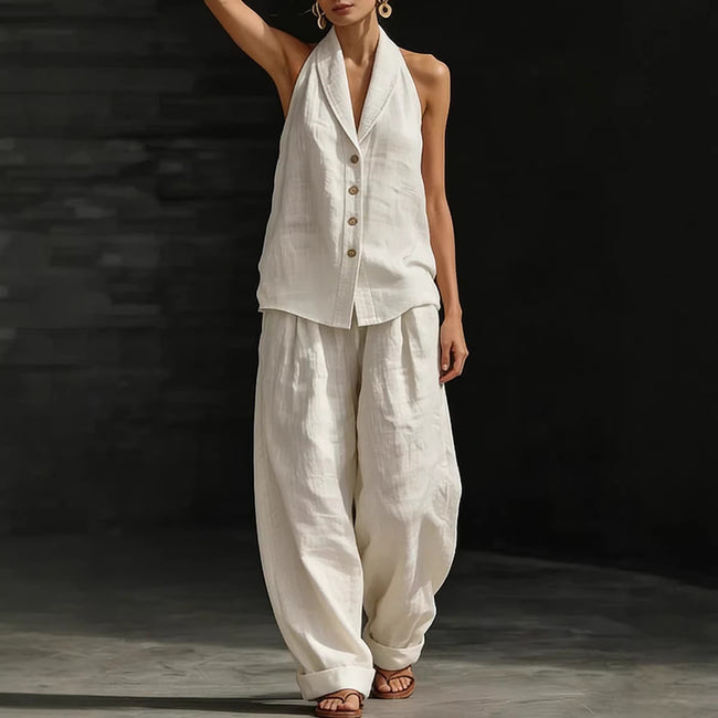 Wide-leg Pants Suit Womens Cotton-linen Fashionable Two-piece Set Hover Image