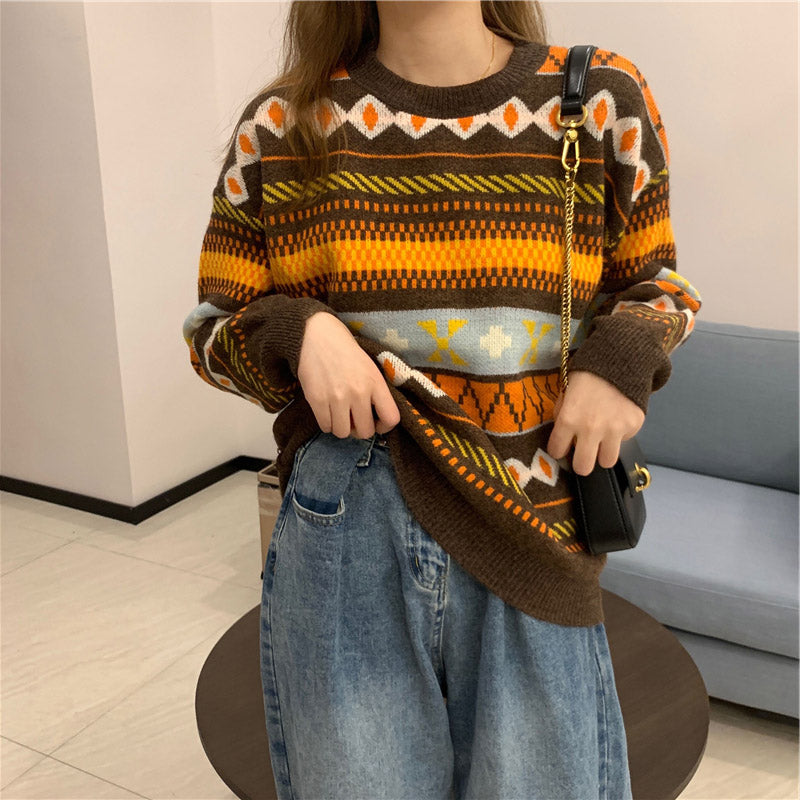 New Trendy Round Neck Long Sleeve Sweater All-Match Loose Sweater Women