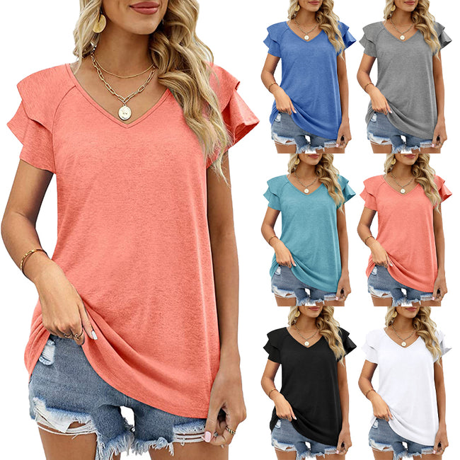 Ruffle Short Sleeve T Shirt Blouses Solid Color Summer Tops Blouse Hover Image