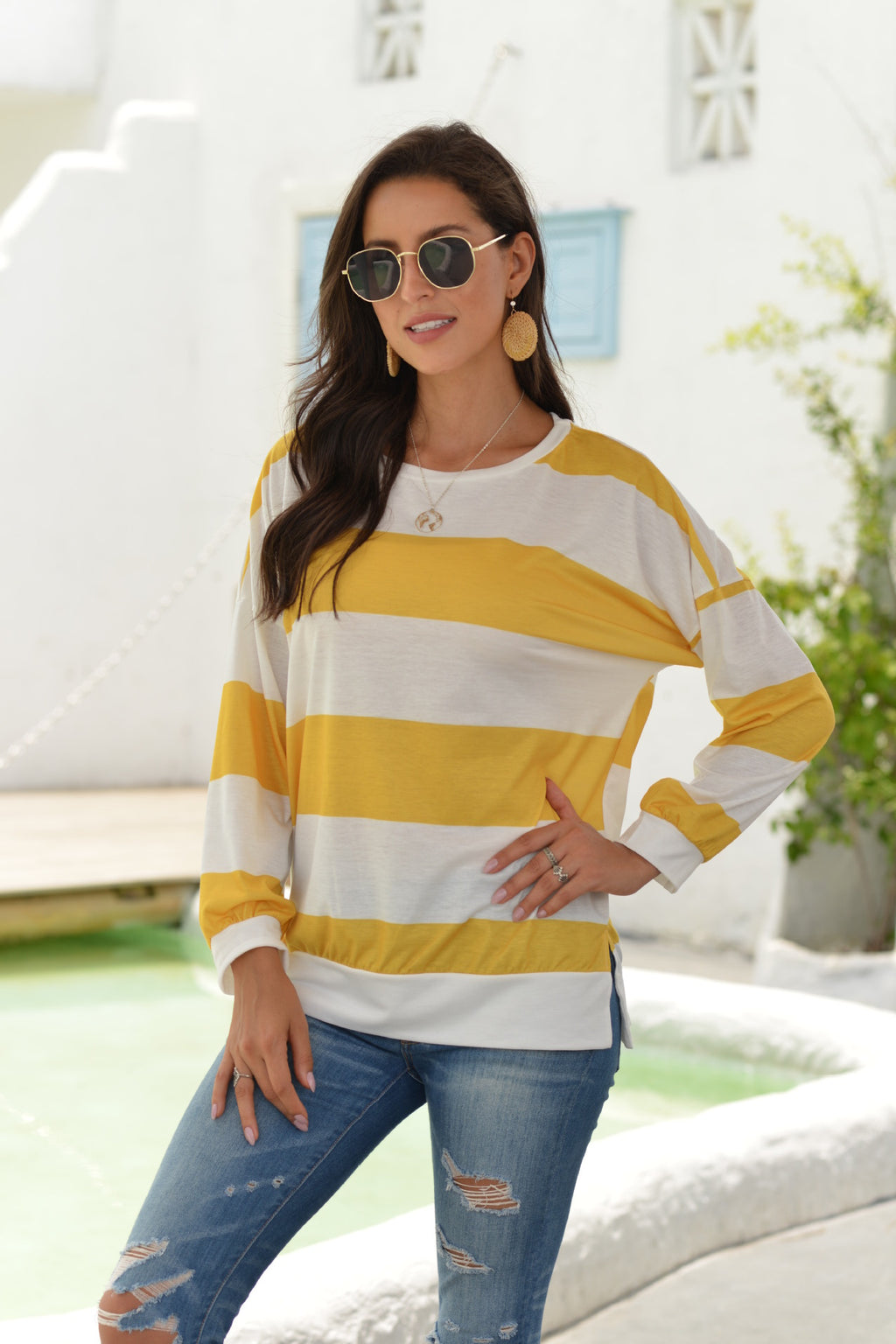 New Long Sleeved T Shirt For Women European And American Style Dusi Casual Horizontal Stripe Simple Round Neck T Shirt For Women Trendy