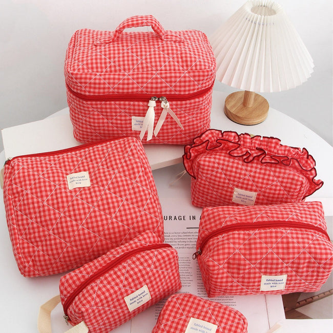 Red Plaid Makeup Bag Portable For Travel Main Image