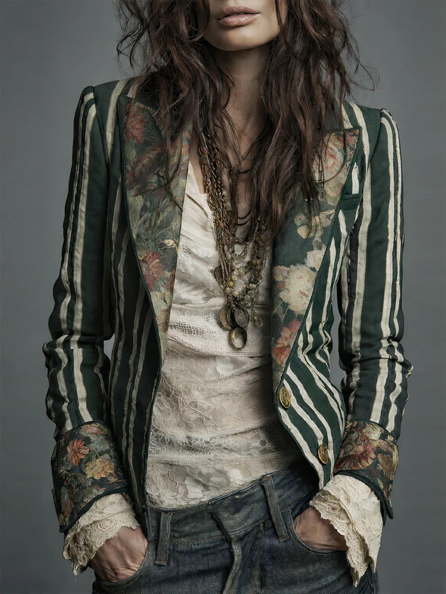 Women's Bohemian Color-Block Striped Blazer