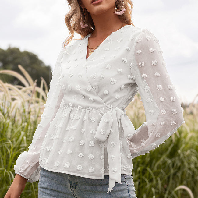 Jacquard Lace V-neck Long-sleeved Blouse Women Hover Image