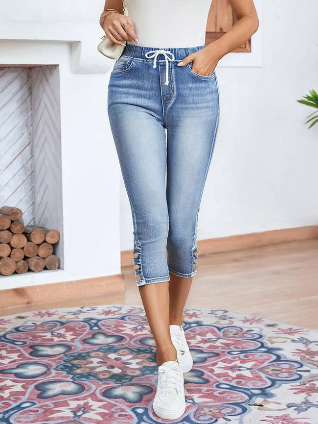 Elastic Waistband Lace-up Stretch Jeans For Women Main Image