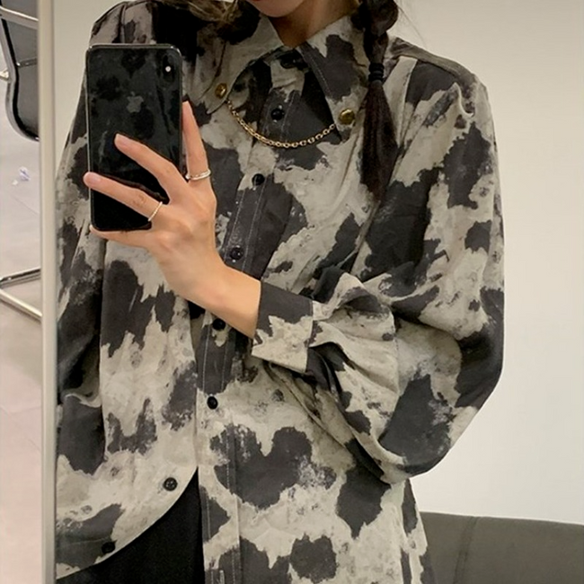 Blouse Long Sleeve Black Gray Color Block Leopard Shirt Button Up Chain Top Single-Breasted Womens Blouses Loose Hover Image