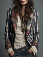 Women's Bohemian Color-Block Striped Blazer