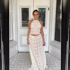 Backless Halter Lace-up Pleated Dress Lace Vest Suit