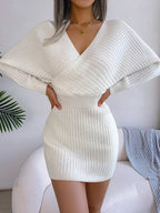 Cross V-Neck Batwing Sleeve Bodycon Sweater Dress