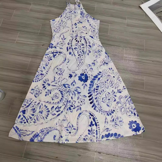 Women's Sleeveless Blue And White Porcelain Color Matching Long Comfortable Dress Main Image