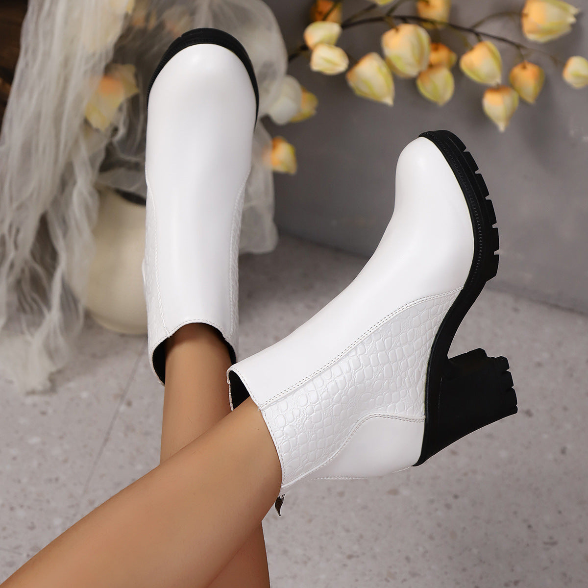 Womens Autumn High Heels In European And American Styles With Chunky Heels And Back Zippers