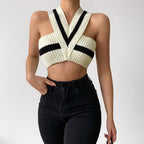 V-neck Knitted Vest Striped Halter Midriff-baring Top Women