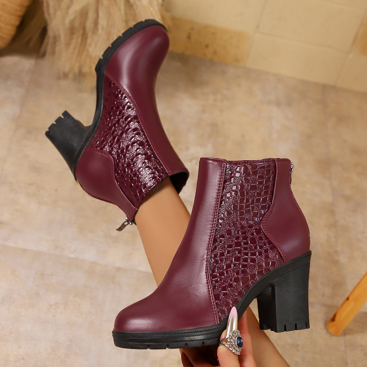 Womens Autumn High Heels In European And American Styles With Chunky Heels And Back Zippers