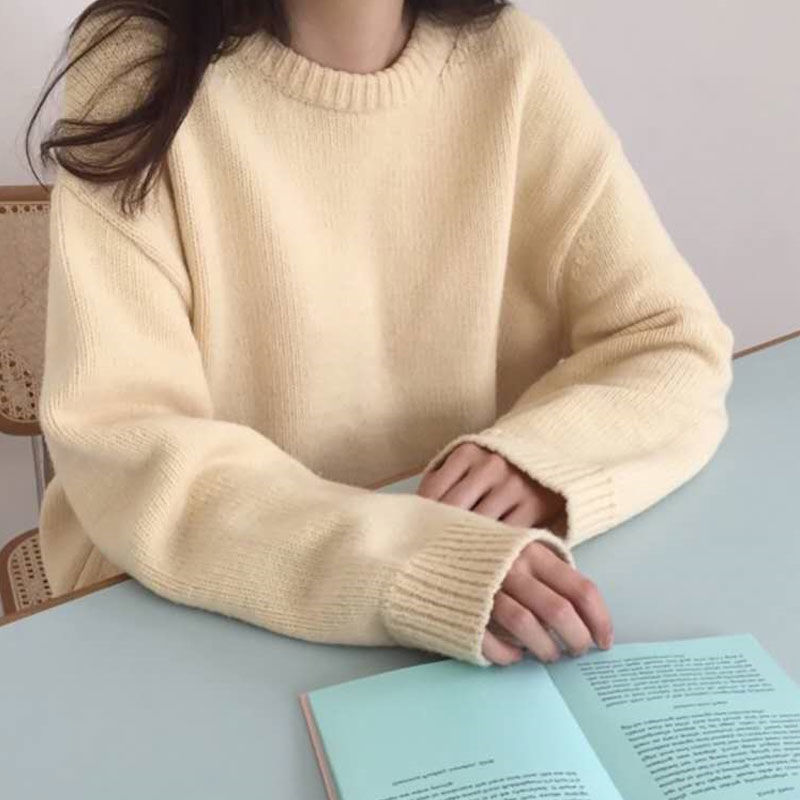 Round Neck Solid Color Sweater For Women