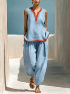 Summer Contrast-Colored Wide-Leg Pants Suit Womens Cotton-Linen Fashionable Two-Piece Set