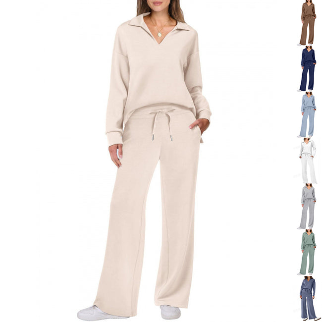 Women's Tracksuit Sports Suit V-neck Long-sleeved Pullover Top And Drawstring Straight-leg Trousers Casual Solid Trousers Set Hover Image