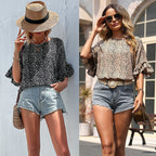Stylish Shirt Leopard Print Bat Ruffle Sleeve Printed Shirt For Women